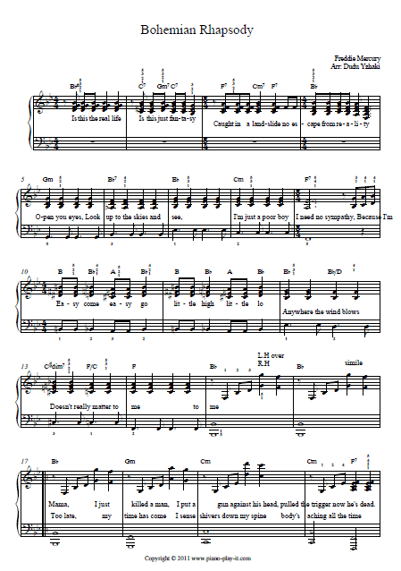 Bohemian Rhapsody Piano Sheet Music Free Easy