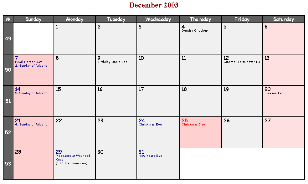 Calendar Html Template