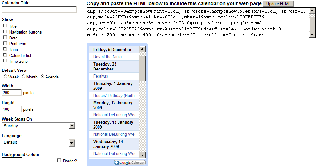 Google Calendar Html Widget