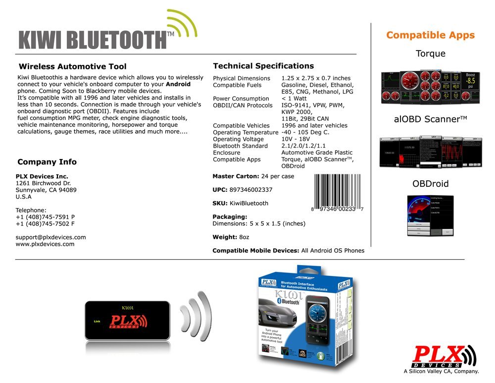 Plx Devices Kiwi Bluetooth Wireless Trip Computer And Obdii Scanner