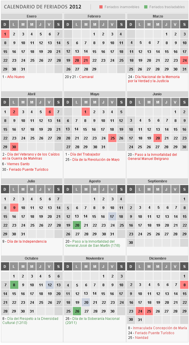 Calendario 2012 Argentina Feriados